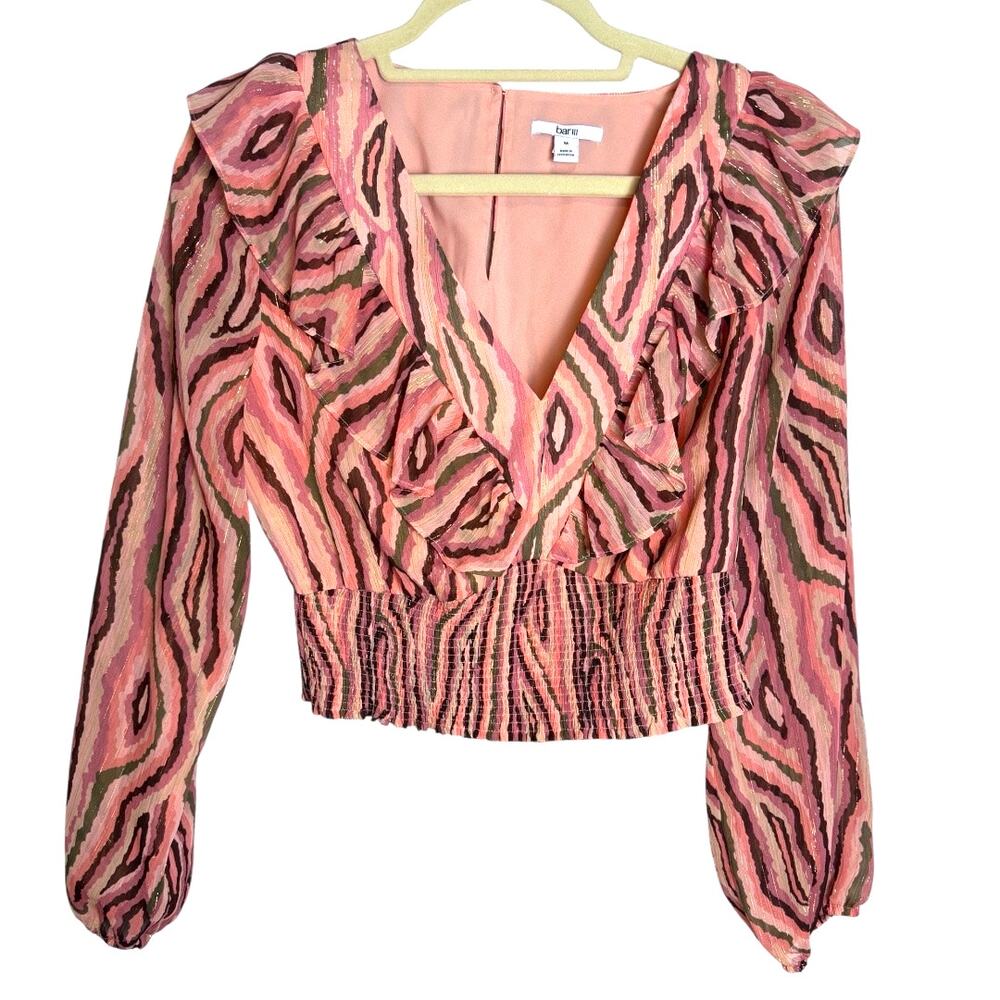 *NWT* BAR III V-Neck Bell Sleeve Ruched Waist Blouse, Pink & Brown. Size: M - Picture 6 of 9